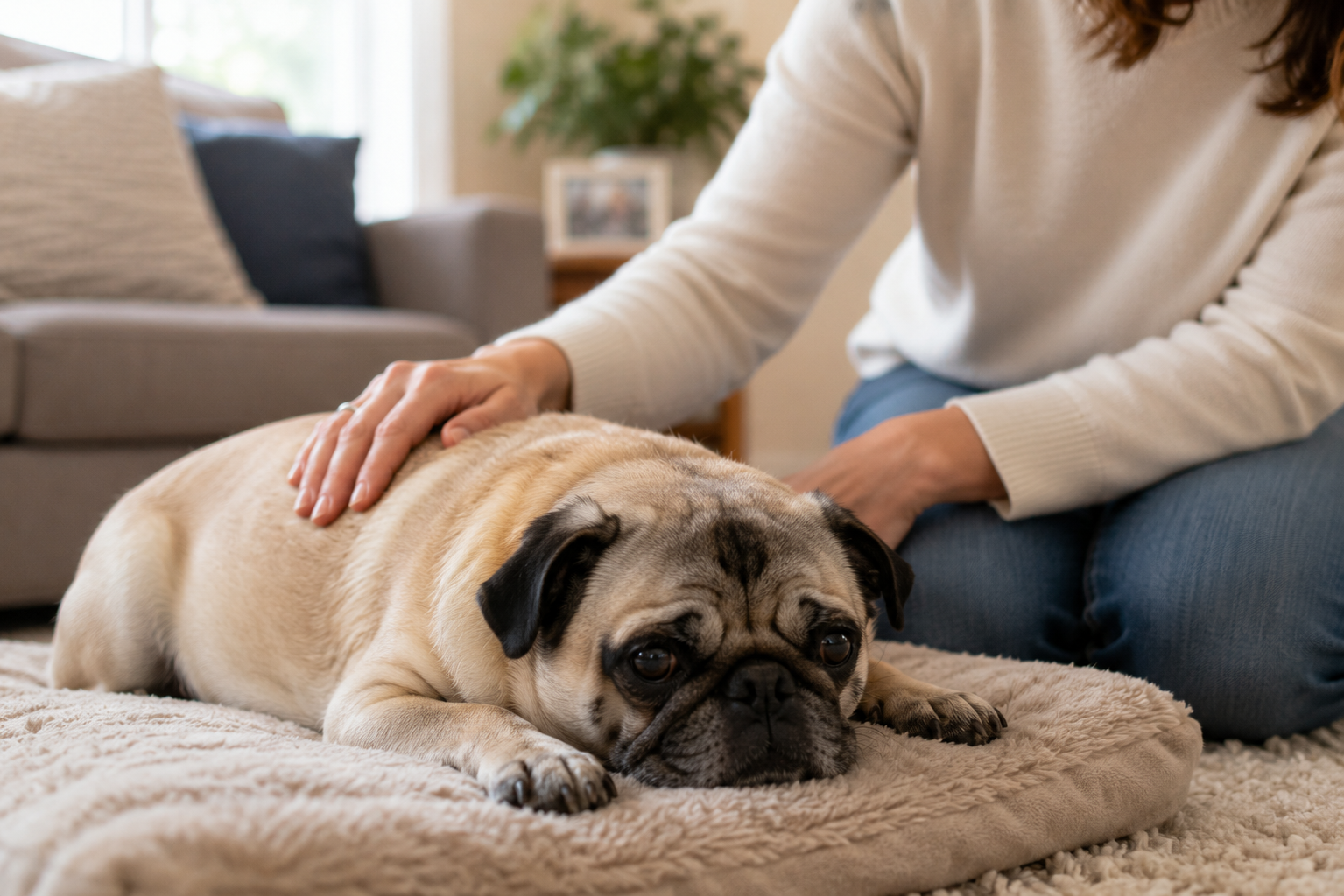 Cozy moment with a pug and owner