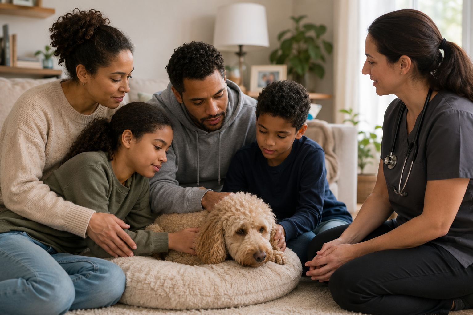 Family and vet comforting a dog.