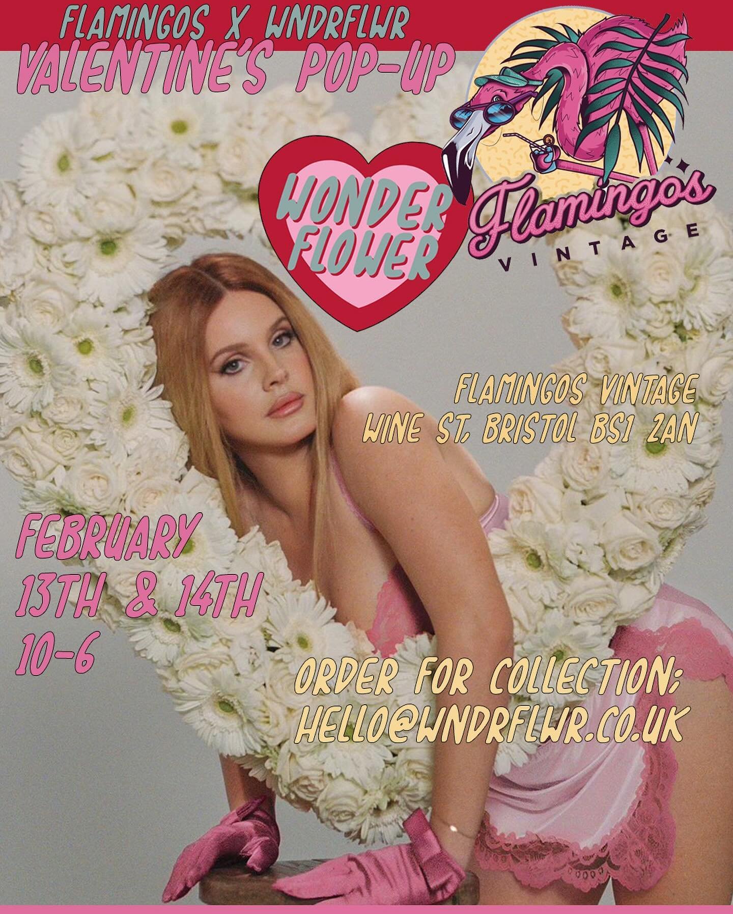 WNDRFLWR X FLAMINGOS VINTAGE 
FEBRUARY 13TH &amp; 14TH 
10-6 
FLAMINGOS WINE ST, BS1 2AN
Order for collection, hello@wndrflwr.co.uk