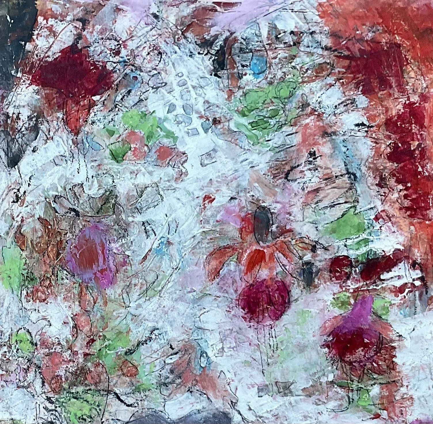 Fuchsias in the Wind | 12” x 12” | Oil & Cold Wax on birch panel | Available to view/purchase at River Gallery