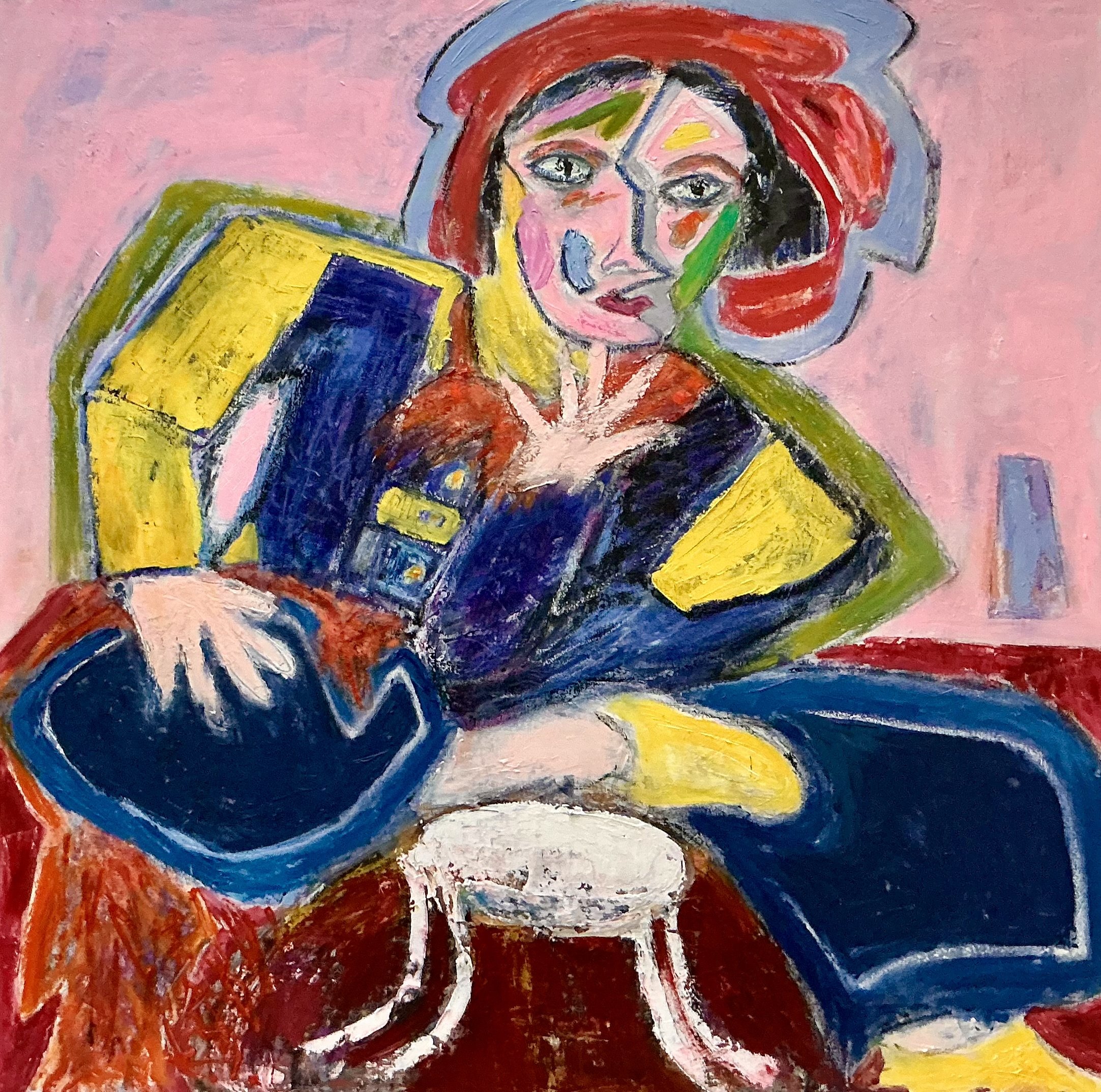 Woman Sitting on White Stool | 36" x 36" | Oil on canvas | Available to view/purchase at River Gallery