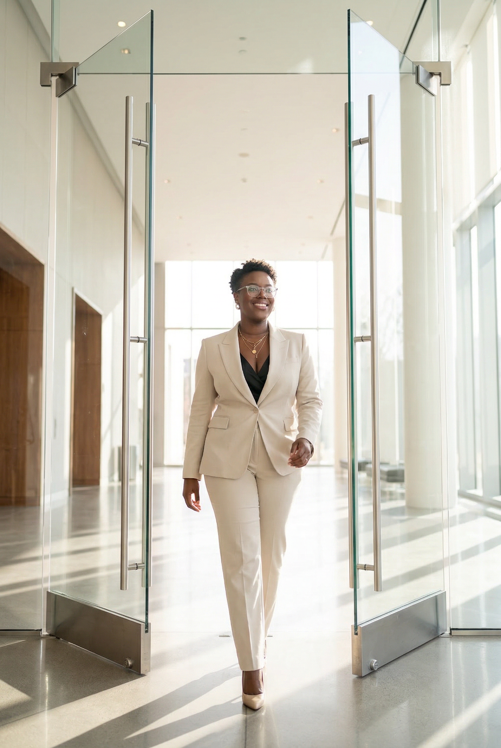 Businesswoman in beige suit walking through glass doors in a modern office lobby.