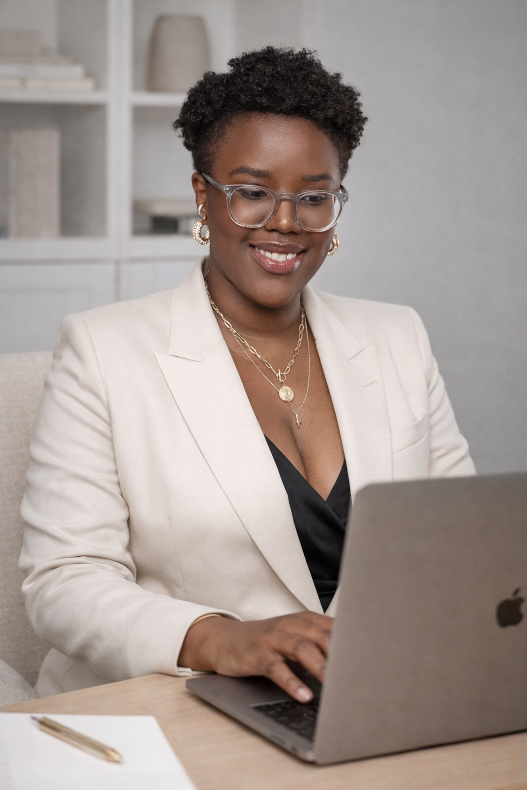 A woman with glasses and short curly hair working on a laptop at a desk, dressed in a white blazer and black top, with gold jewelry.