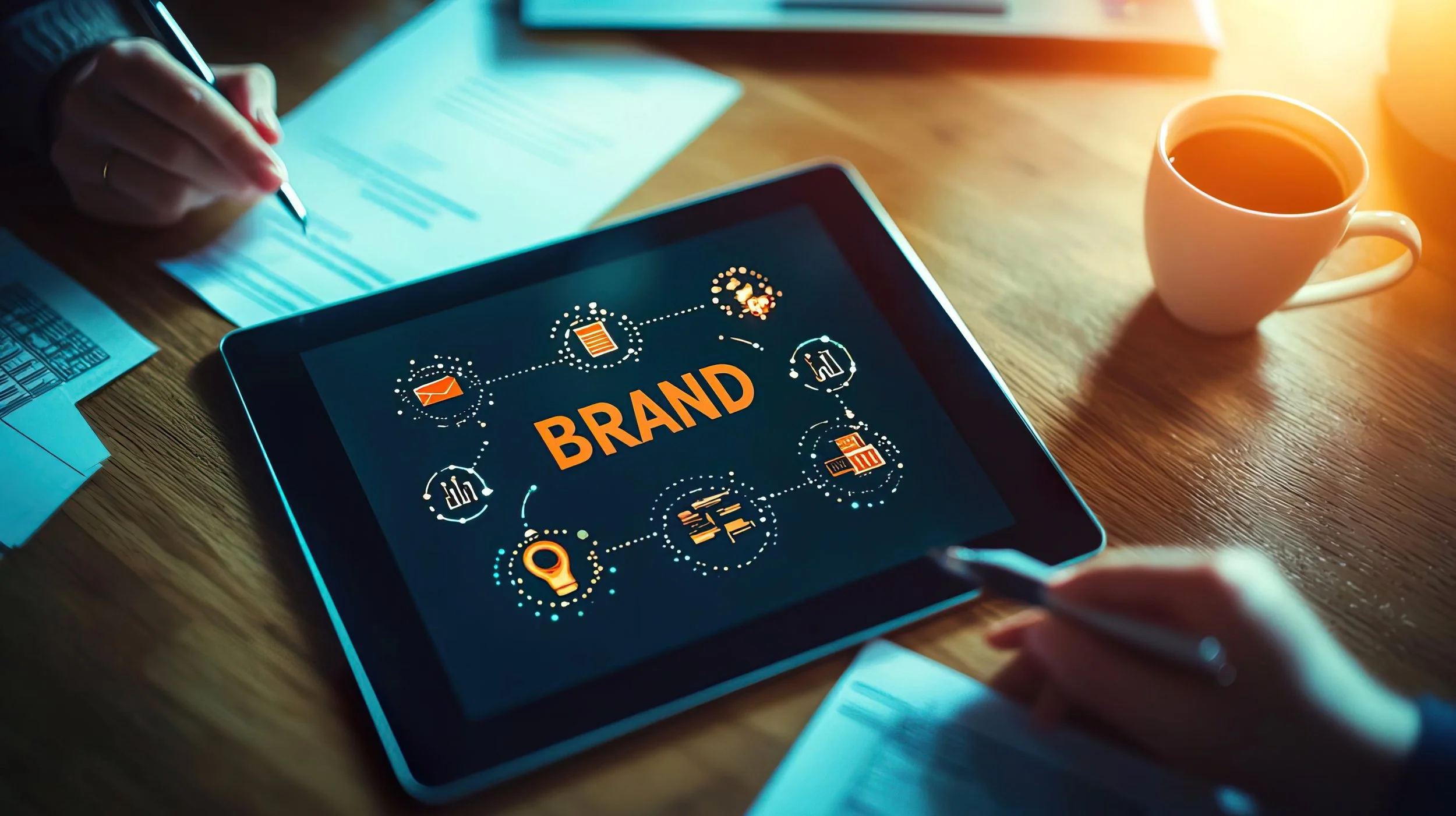 Tablet displaying a digital marketing concept with the word 'BRAND' in the center, surrounded by icons representing marketing, analytics, location, and communication on a wooden desk with papers, a pen, and a mug of coffee.
