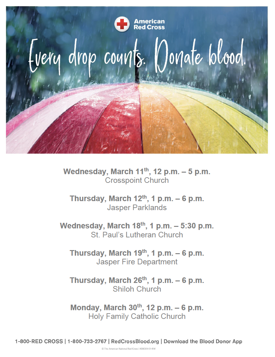 Blood Drive Opportunities in the Jasper Area - March &amp; April 