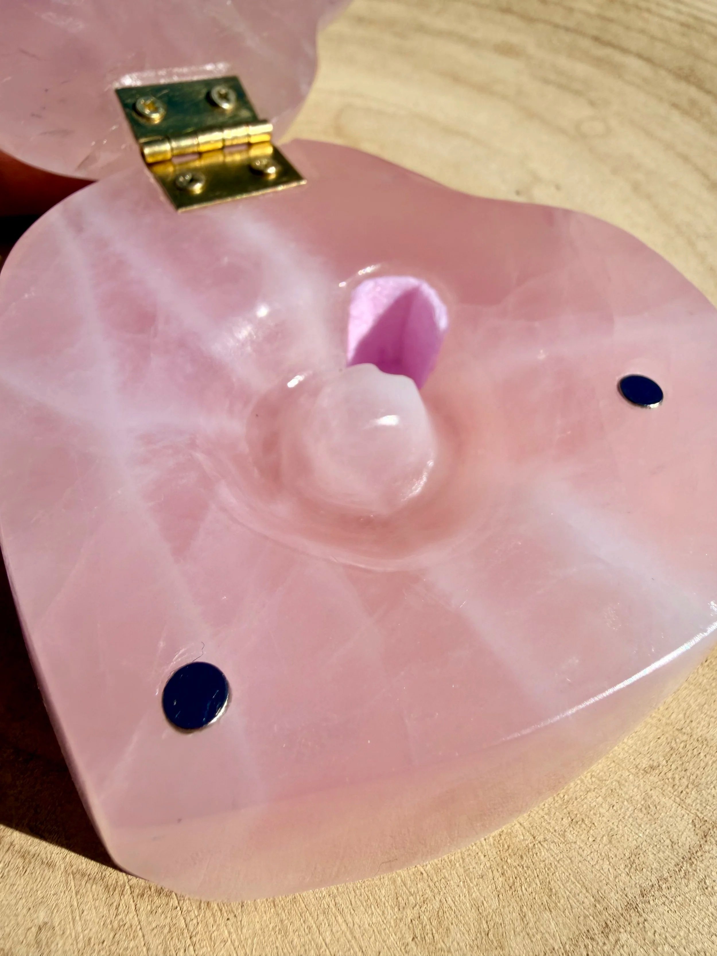 Material: Rose Quartz  
Custom Made Engagement Ring Box  
Sold  
This was a custom order for a heart shaped engagement ring box made out of Rose Quartz. The client requested a hinge, which was tricky to do in stone, but we made it work. The box is he