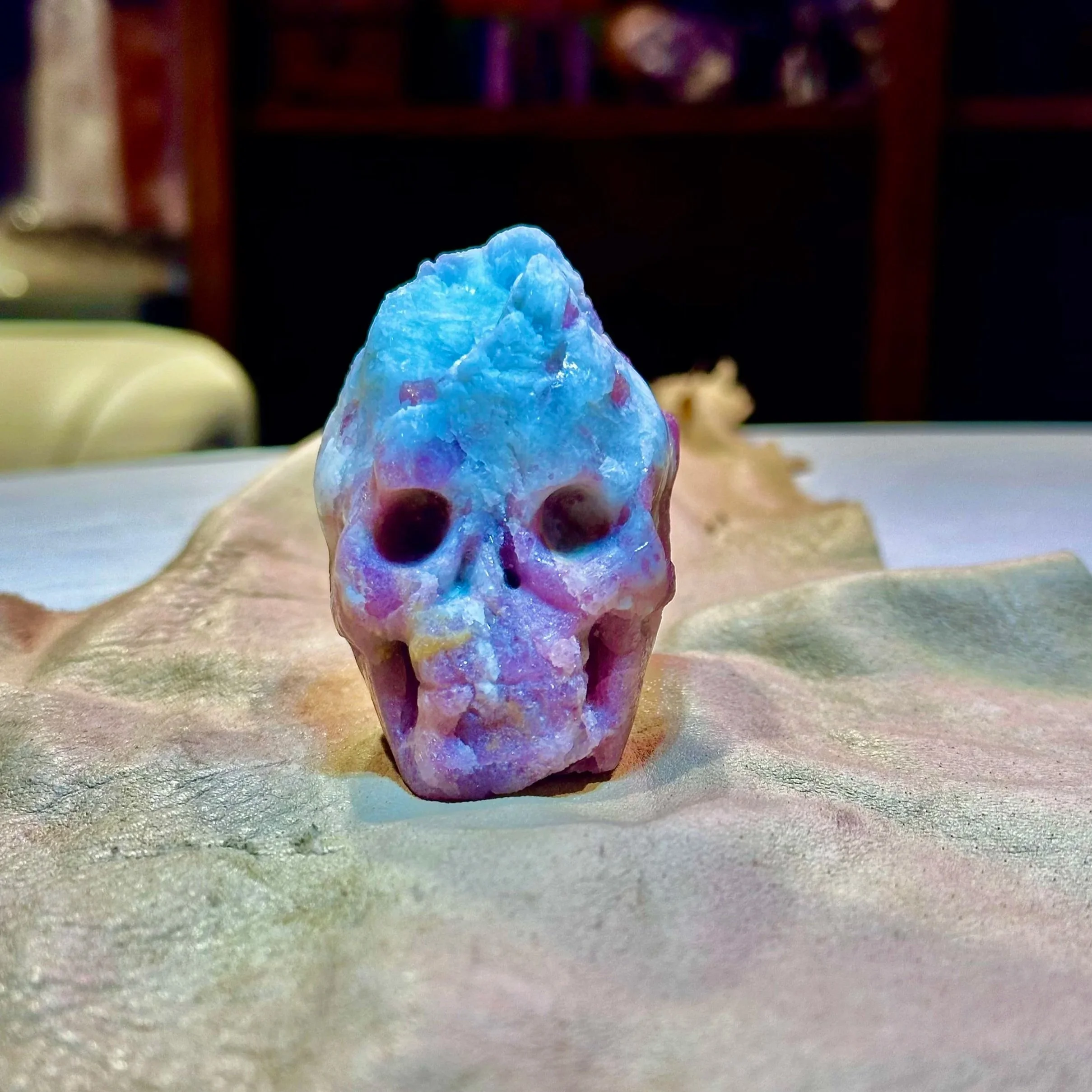 Material: Pink Tourmaline in Quartz  
Sold
 
This detailed pink tourmaline skull is a perfect guardian for your heart-space.