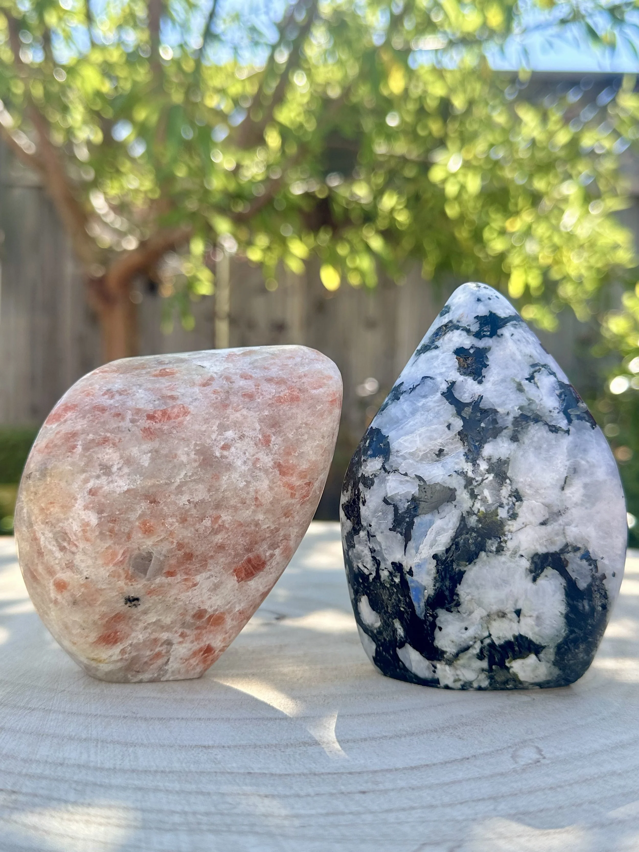 Material: Sunstone & Moonstone  
Title: Threshold Keepers  
Available
 
This pair of solar and lunar stones were crafted for magic and ritual work and have been linked to stay in cycle with each other’s vibrations. The moonstone has been charged unde