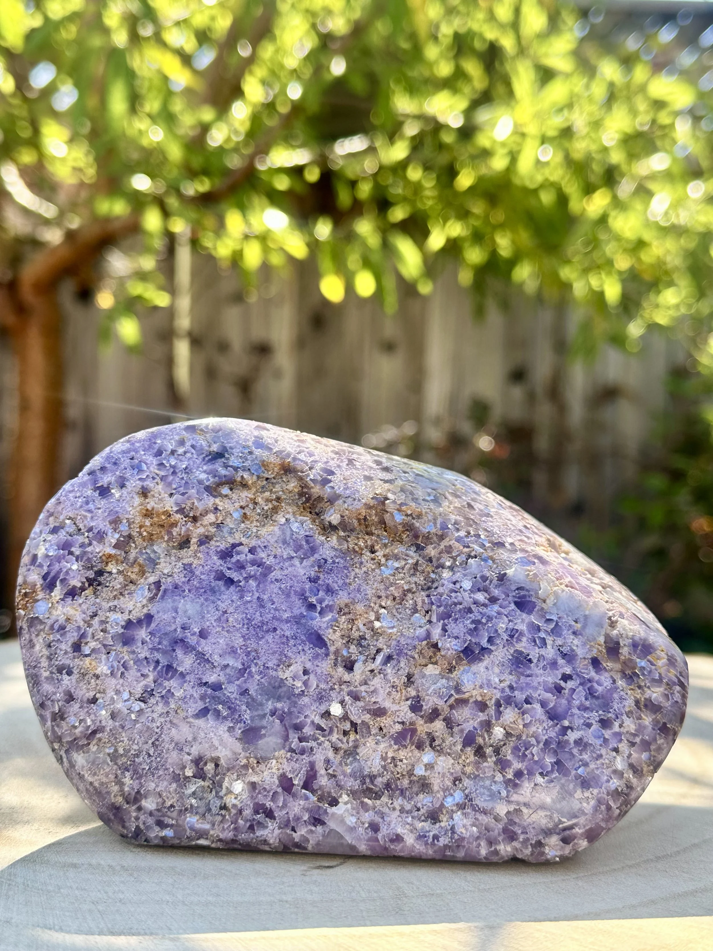 Material: Lepidolite  
Title: Soothe Sayer  
Available
 
Lepidolite is an excellent calming stone. This is a great showpiece, or statement piece. It’s a thick chunk with beautiful sparkle from the mica flakes embedded within it. It would work well in