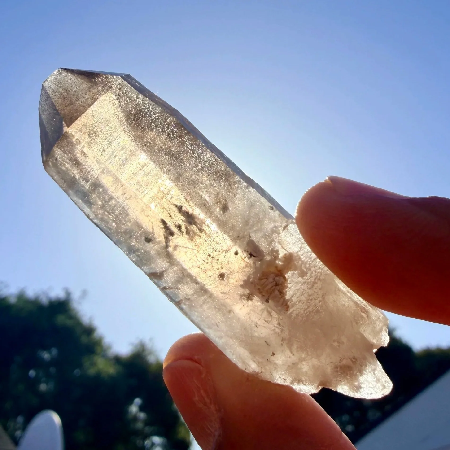 Smoky Quartz Point with Blue Amphibole (Rieckbeckite)
