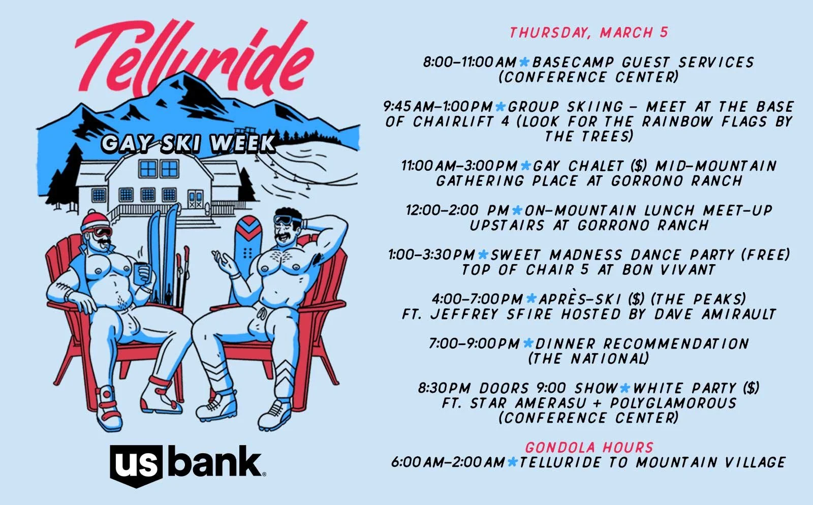 Telluride Gay Ski Week - Thursday, March 5 Schedule