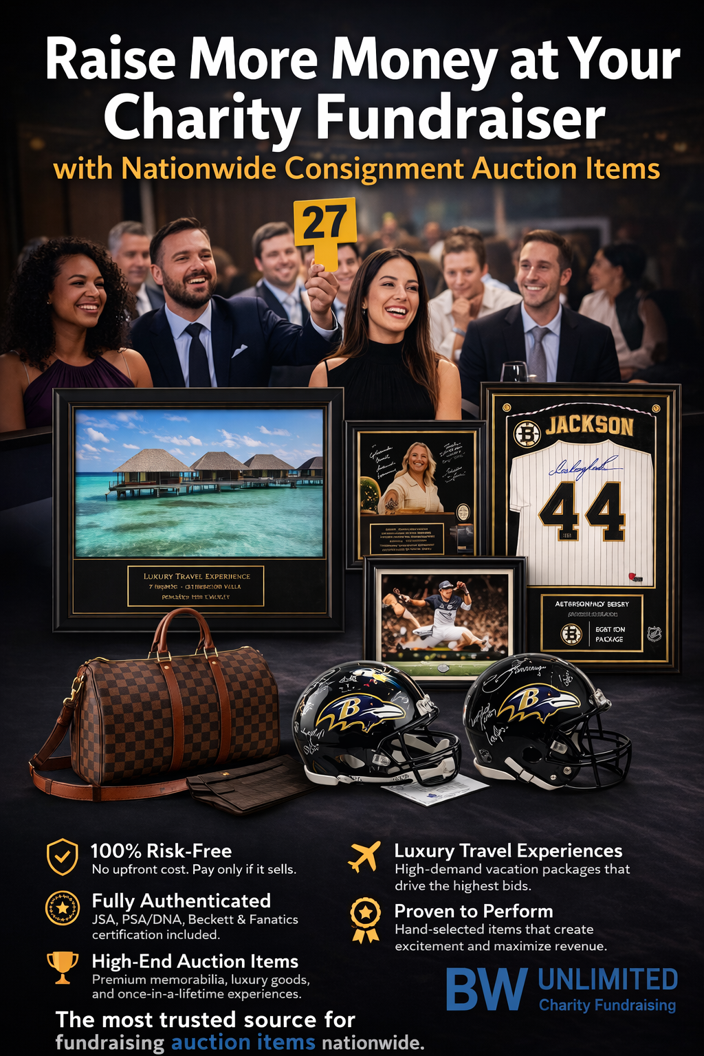 Nationwide consignment auction items for charity fundraisers including authenticated memorabilia and luxury travel packages from BW Unlimited