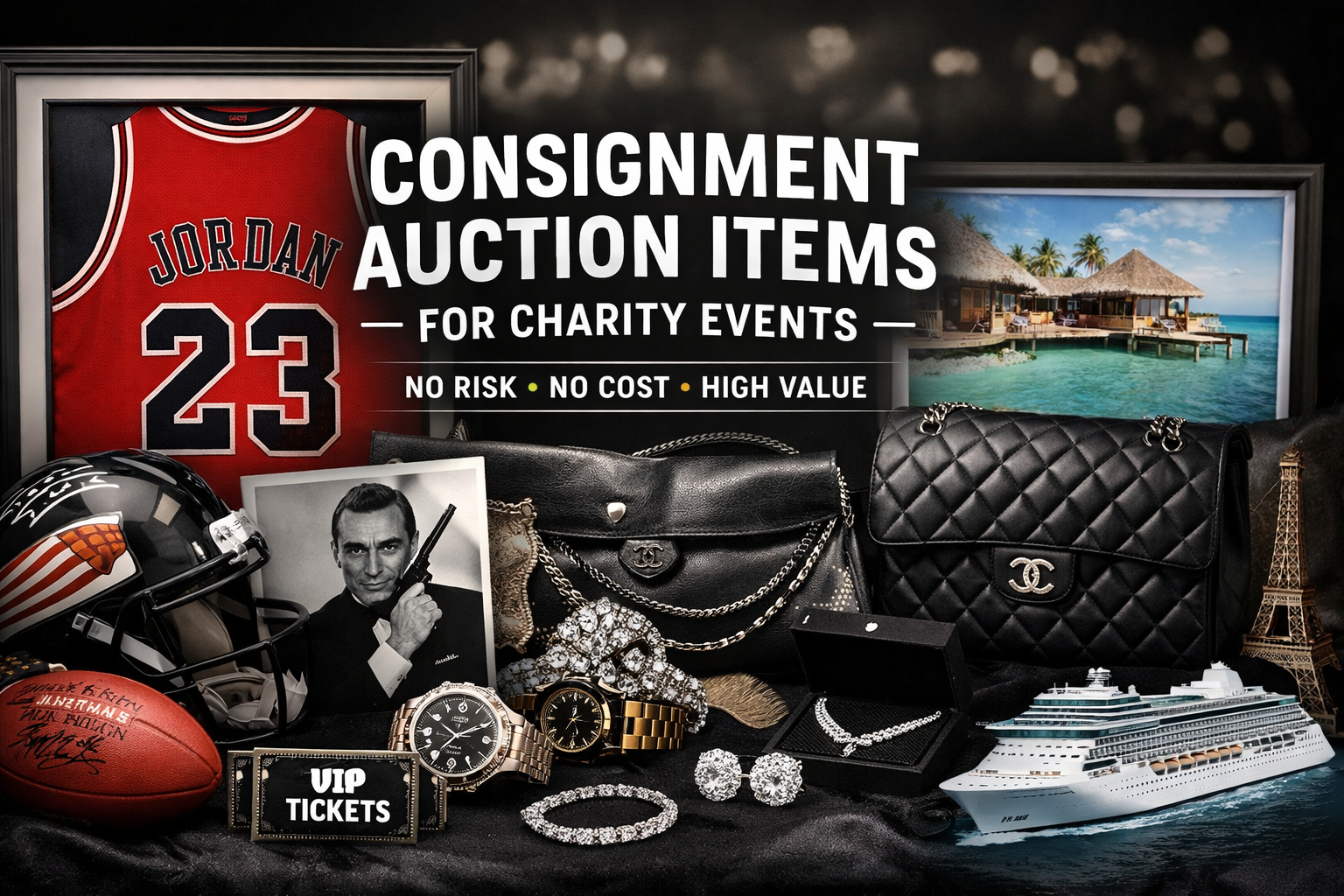 Consignment auction items for charity events including autographed memorabilia, jewelry, designer handbags, men’s watches, and luxury travel experiences