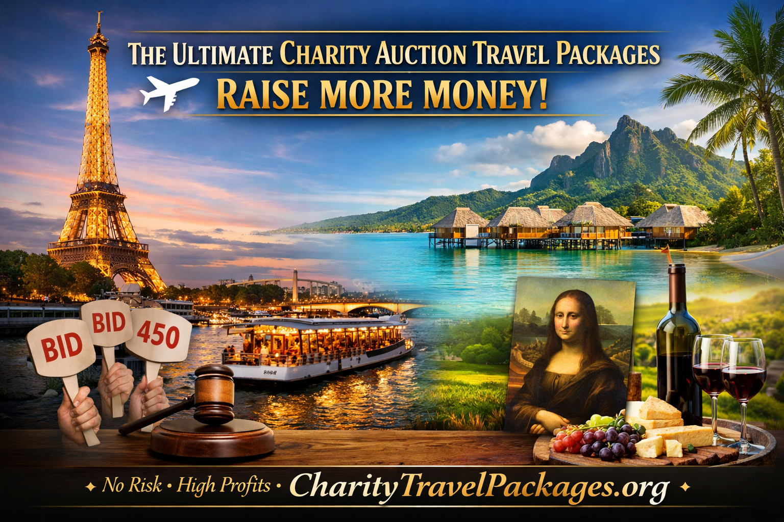 Charity auction travel packages featuring Paris, luxury resorts, and destination experiences designed to raise more money for nonprofit fundraising events.