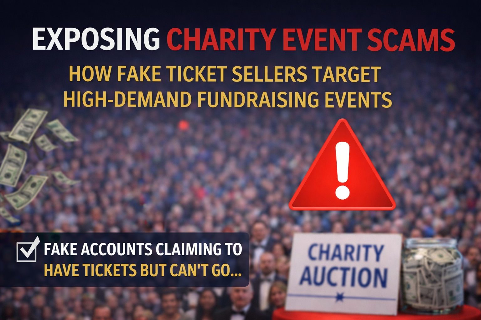 Warning graphic highlighting fake ticket sellers targeting sold-out charity auctions and fundraising events on Facebook, educating nonprofits about ticket scams and event security.