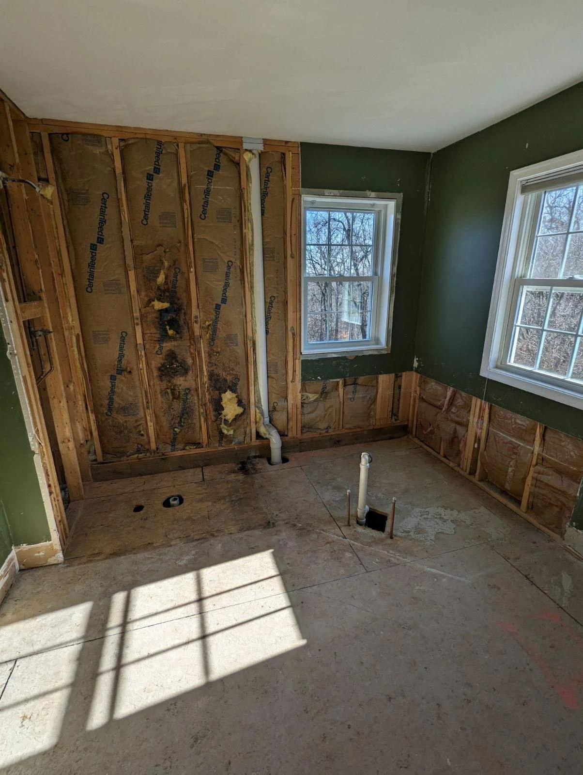 An unfinished kitchen with exposed wall studs and insulation, two windows, a green wall, and a floor with visible pipes and drywall debris.
