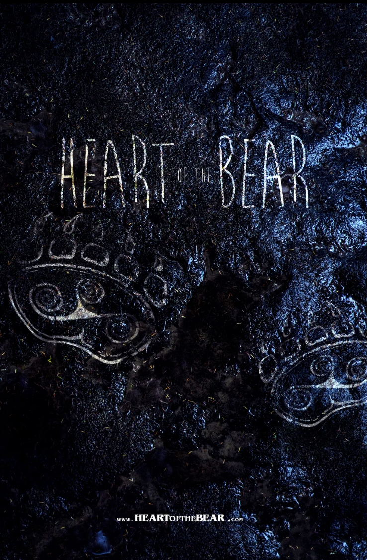 Title card with the words 'Heart of the Bear' on a dark, wet, rocky surface, with decorative bear paw prints at the bottom and web address 'heartofthebear.com'.