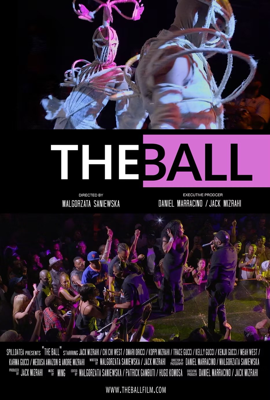 Promotional poster for the film 'The Ball' showing a performer in a white costume with elaborate, circular accessories, and a crowd of people dancing and watching a performer on stage.