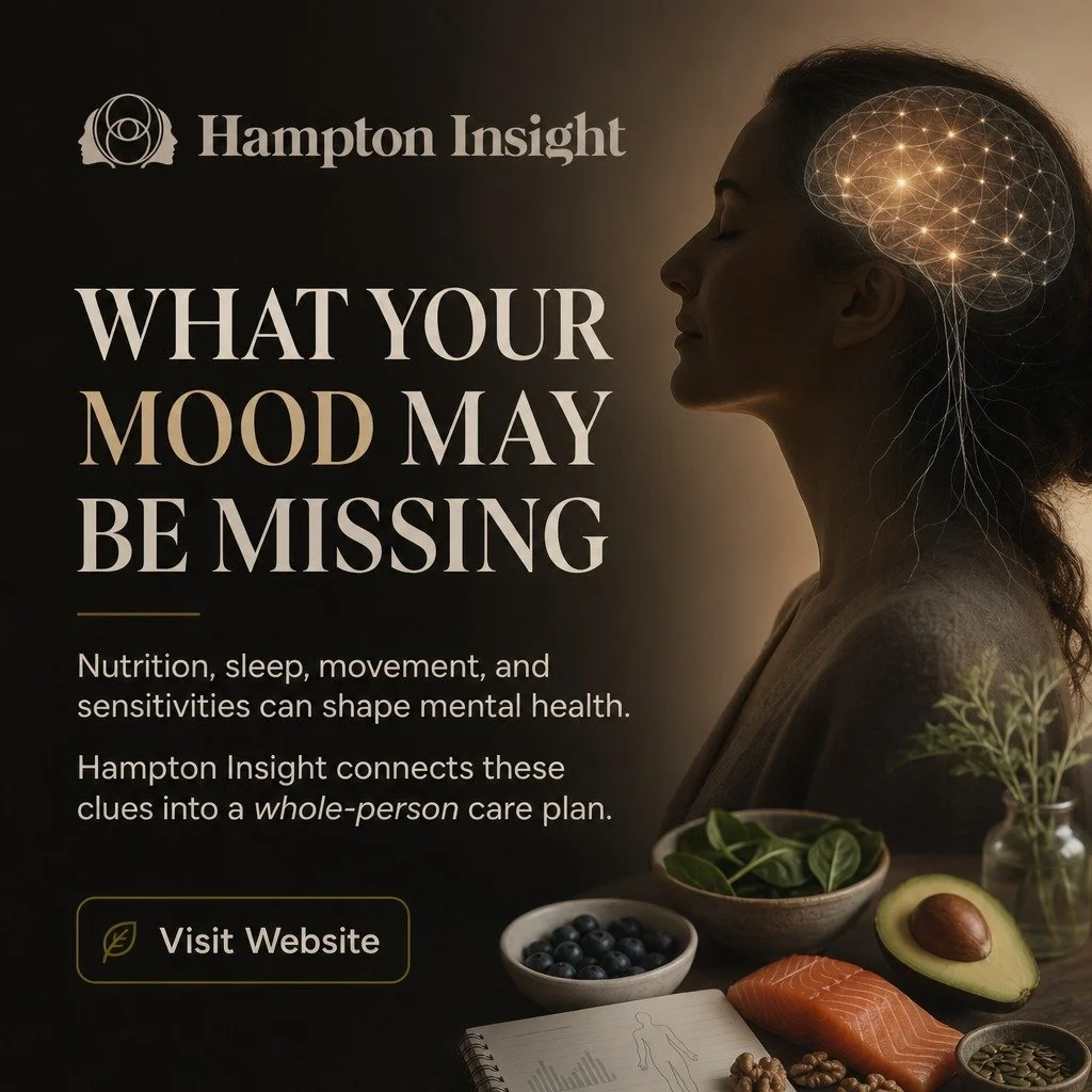 Your food choices directly impact your mental health. A nutritional assessment reveals hidden deficiencies and sensitivities that may be driving anxiety, depression, or trauma responses.

Whole-person healing starts with understanding your body's nee