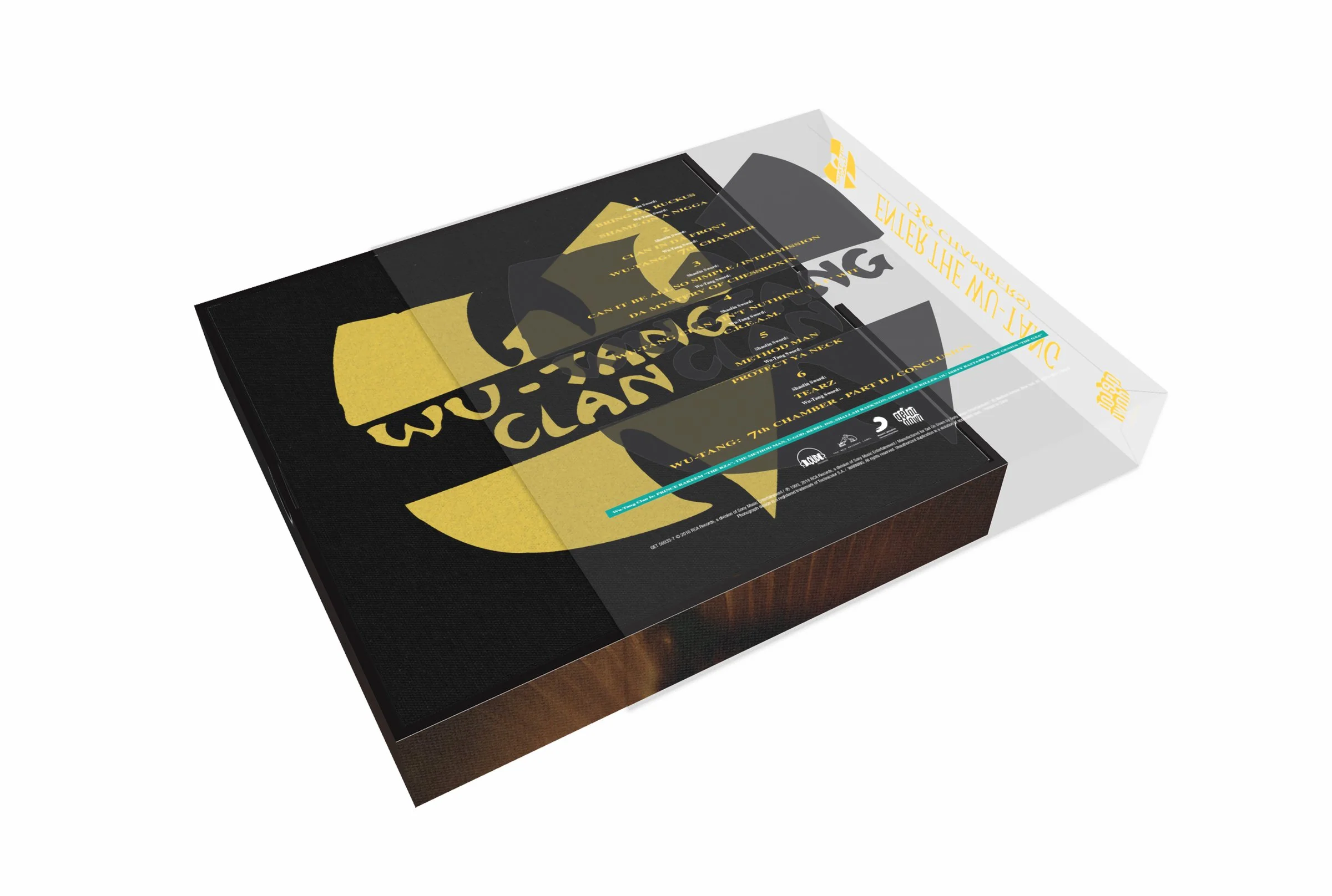 The Bottom of the Box has a printed version of the original Wu-Tang Emblem which perfectly overlays the Logo on the back of the Plastic Slipcase