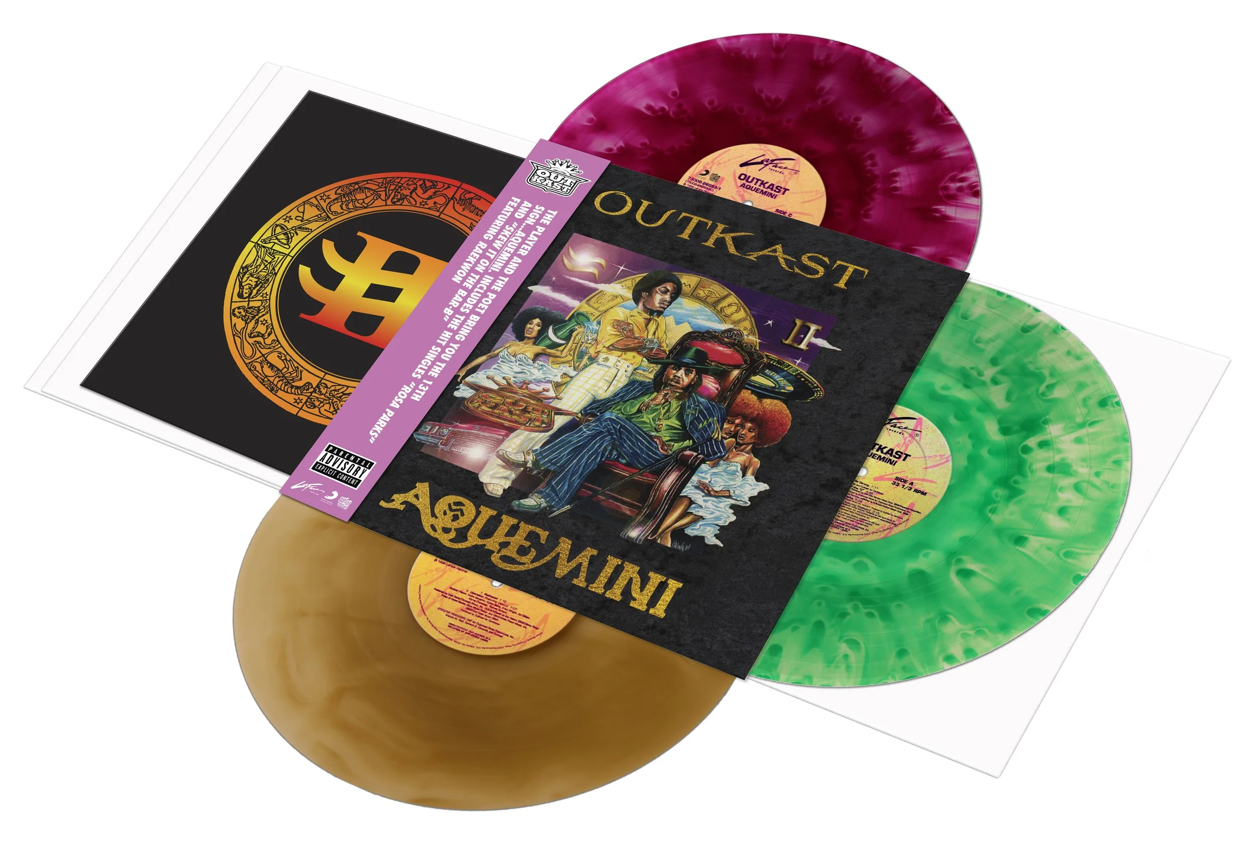 To celebrate the iconic Art, This edition of Aquemini, will include Three 12" Records with premium Colors taking hues from the original art. 