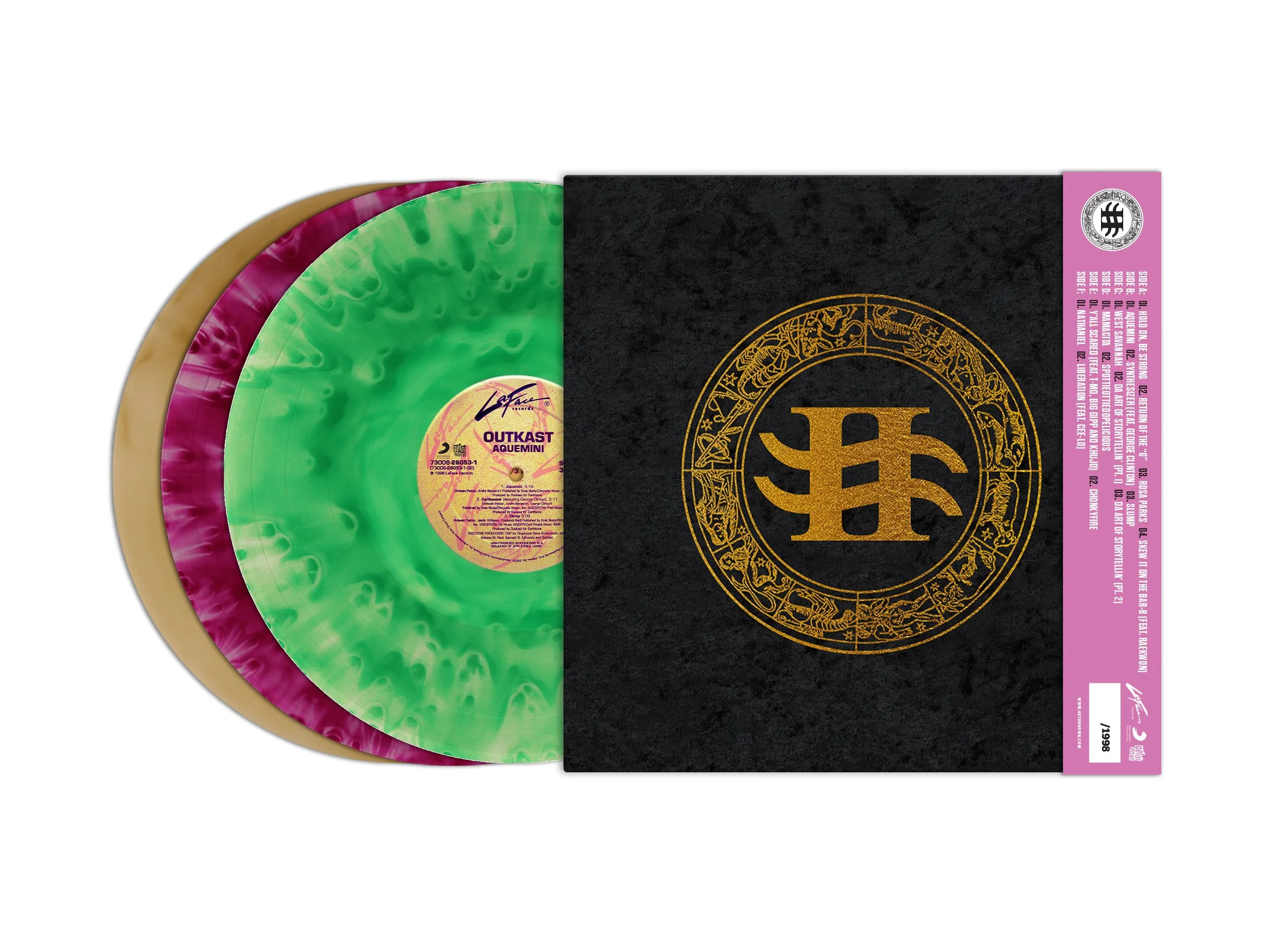 Like the front Cover, the back will be equally impressive with a bold Gold Foil-Stamping of the Aquemini Logo as featured in the original Artwork for Outkast's now classic album. 