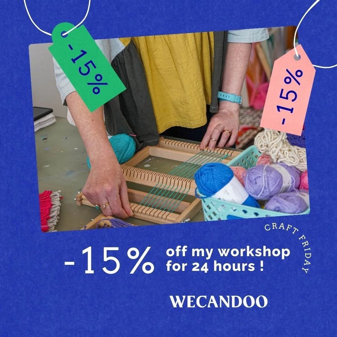 Craft Friday, it's now 💥 Enjoy -15% on any of my workshops @wecandoo_uk from 28th evening to 30th evening ⏱

Whether to anticipate your Christmas gifts 🎄 or enjoy a discounted workshop, support local craft !

📌 Next dates and bookings in bio

#wec