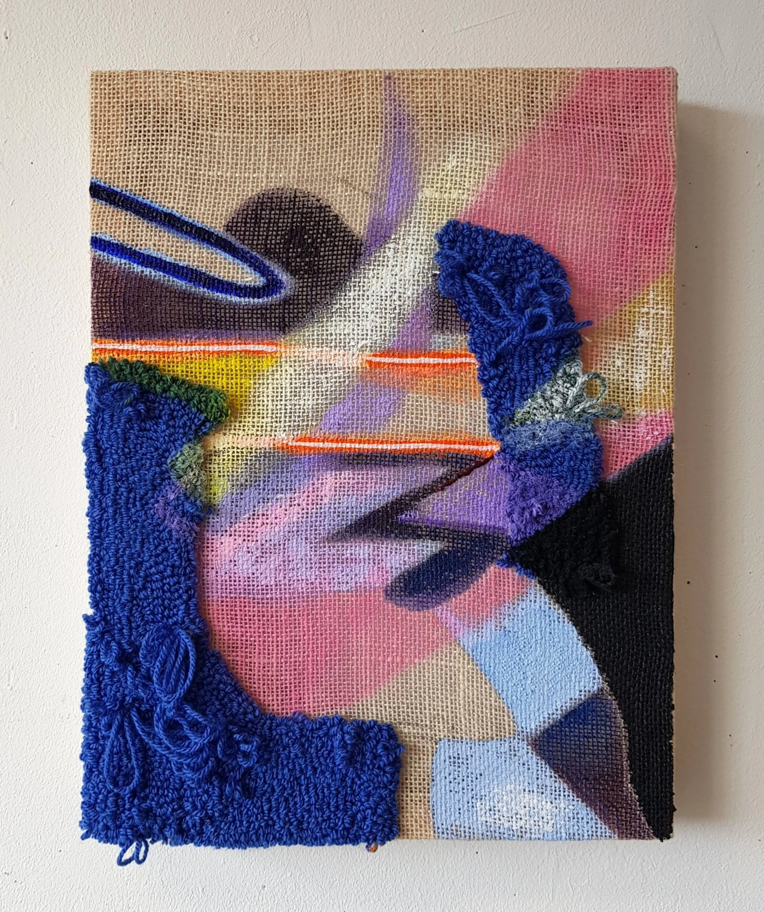 Thunder thighs,
2025.
Oil paint, acrylic paint, gesso, pigment, acrylic yarn and wool on jute fabric.
40x30cm