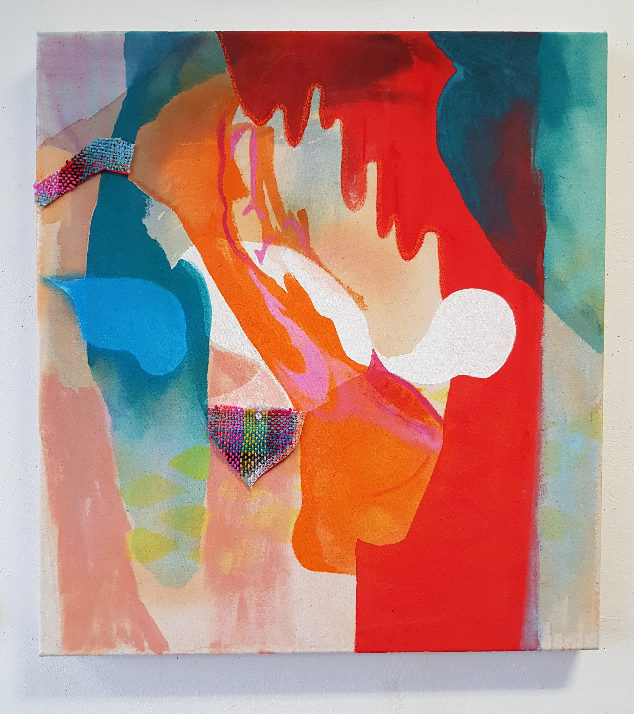 Bone Deep,  2025. Oil, acrylic, watercolour paint and pigment on unprimed canvas, woven fabric. 60x55cm