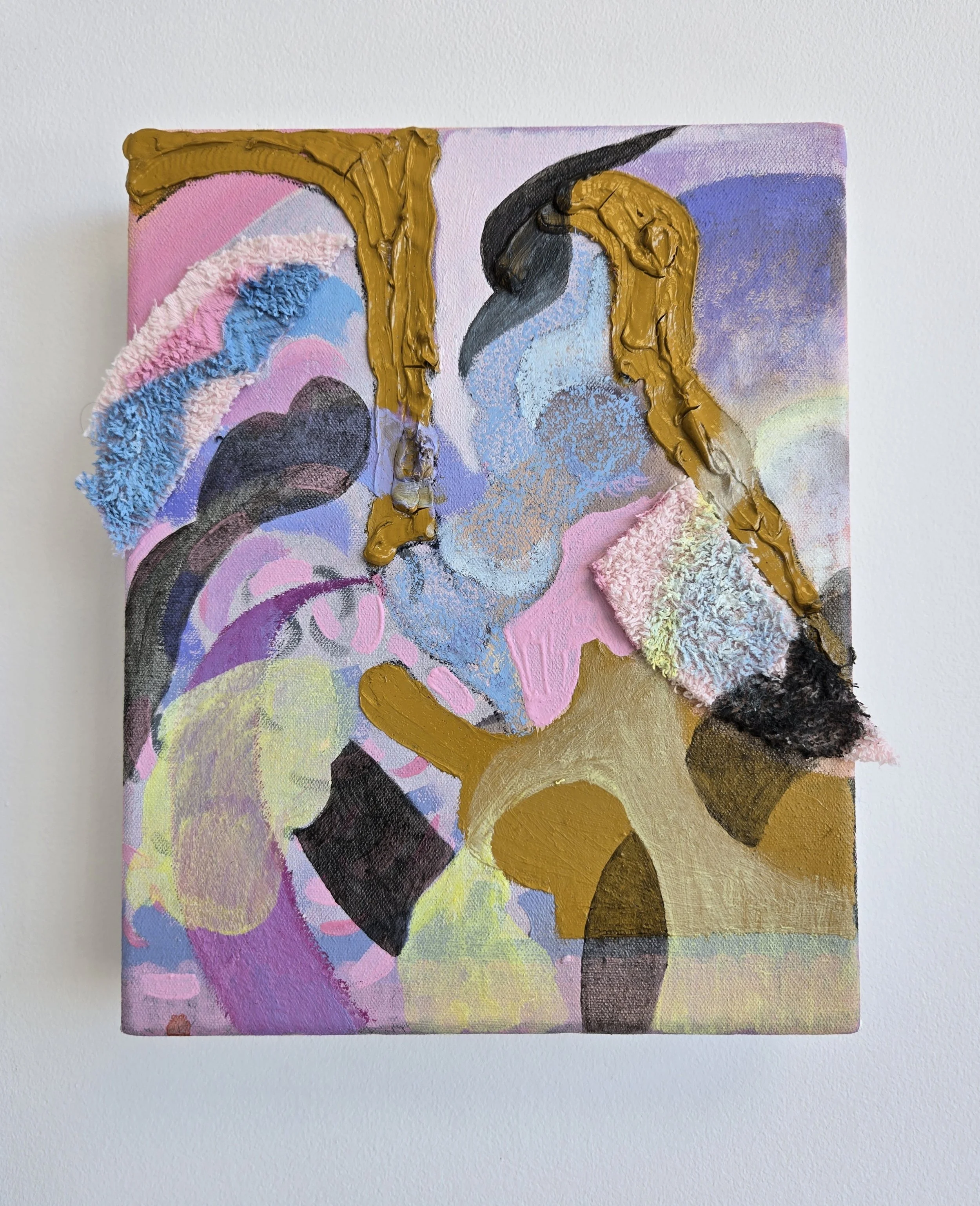 Mother and Child, 2026. Acrylic, oil, pastel, towelled fabric on canvas. 25x20cm