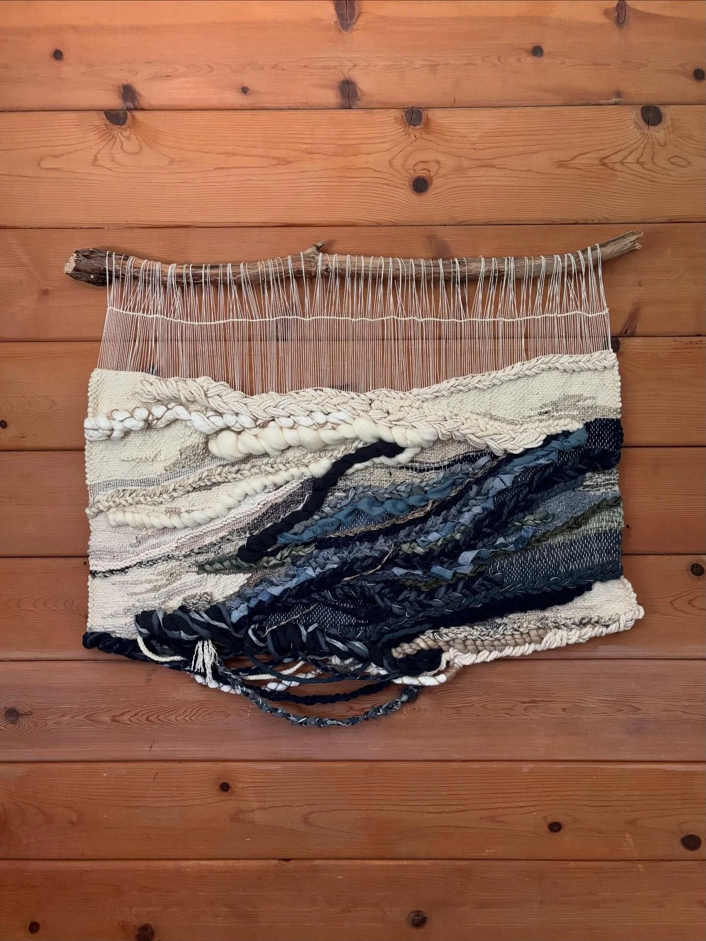 woven art hanging from a branch found at our new home (I have a collection just waiting for new pieces!). she is approximately 33&rdquo;x27&rdquo; &amp; full of texture &amp; soft detail. 

#3pinesmercantile #wovenart #weaving #fiberart