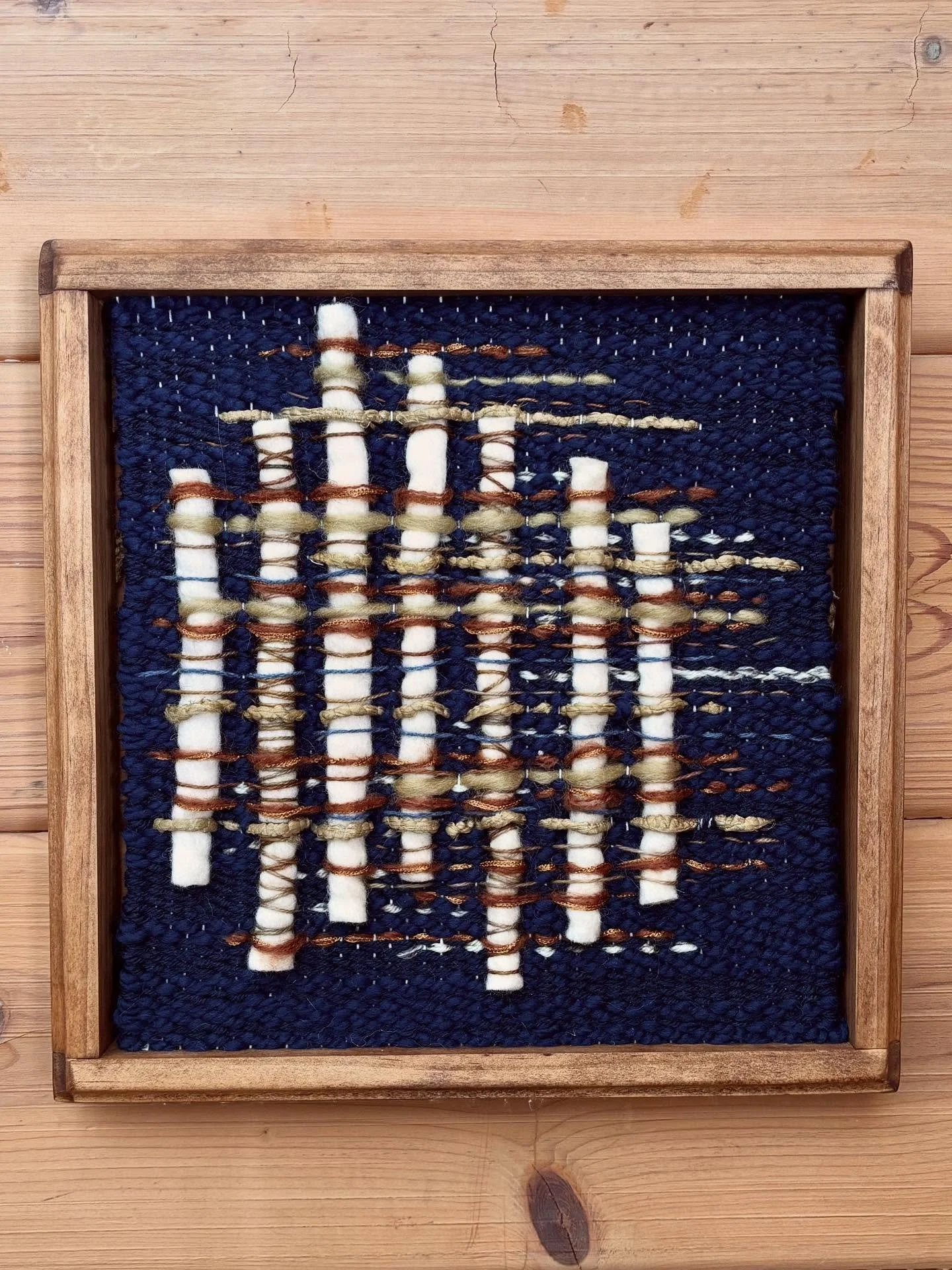 texture-y fiber art reminiscent of colors from water &amp; beach pebbles &amp; sand. some of my favorite things. 

handwoven with wool, cotton, &amp; silk. 
12&rdquo;x12&rdquo; handmade wood frame. 

#3pinesmercantile #fiberart #weaving #natureart