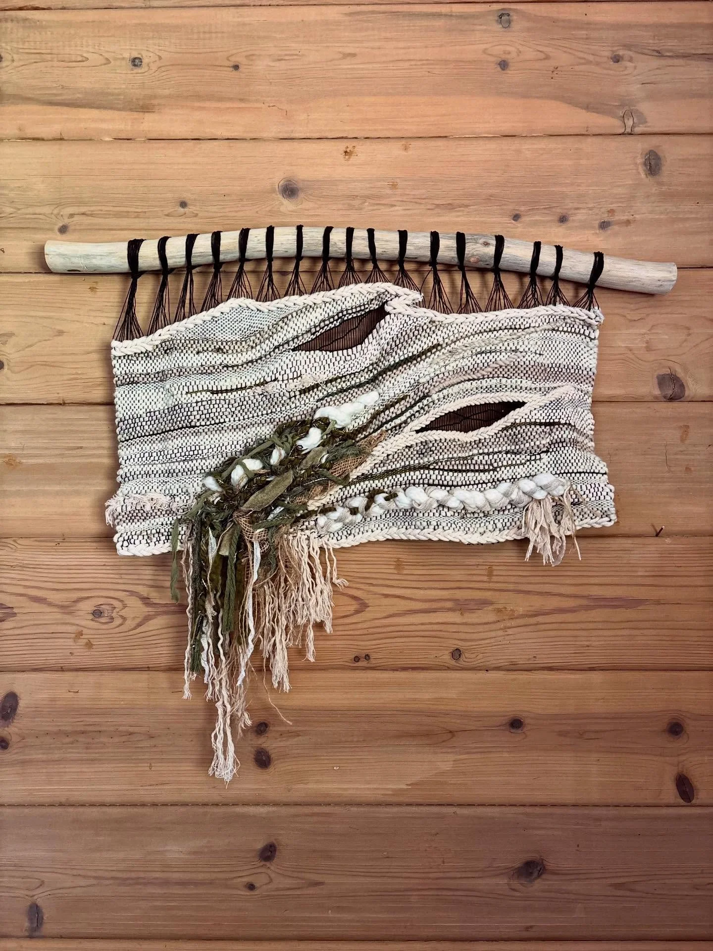 rustic neutral weaving with earthy greens &amp; lacy detail. all the texture &amp; spring vibes.

#3pinesmercantile #weaving #wovenart