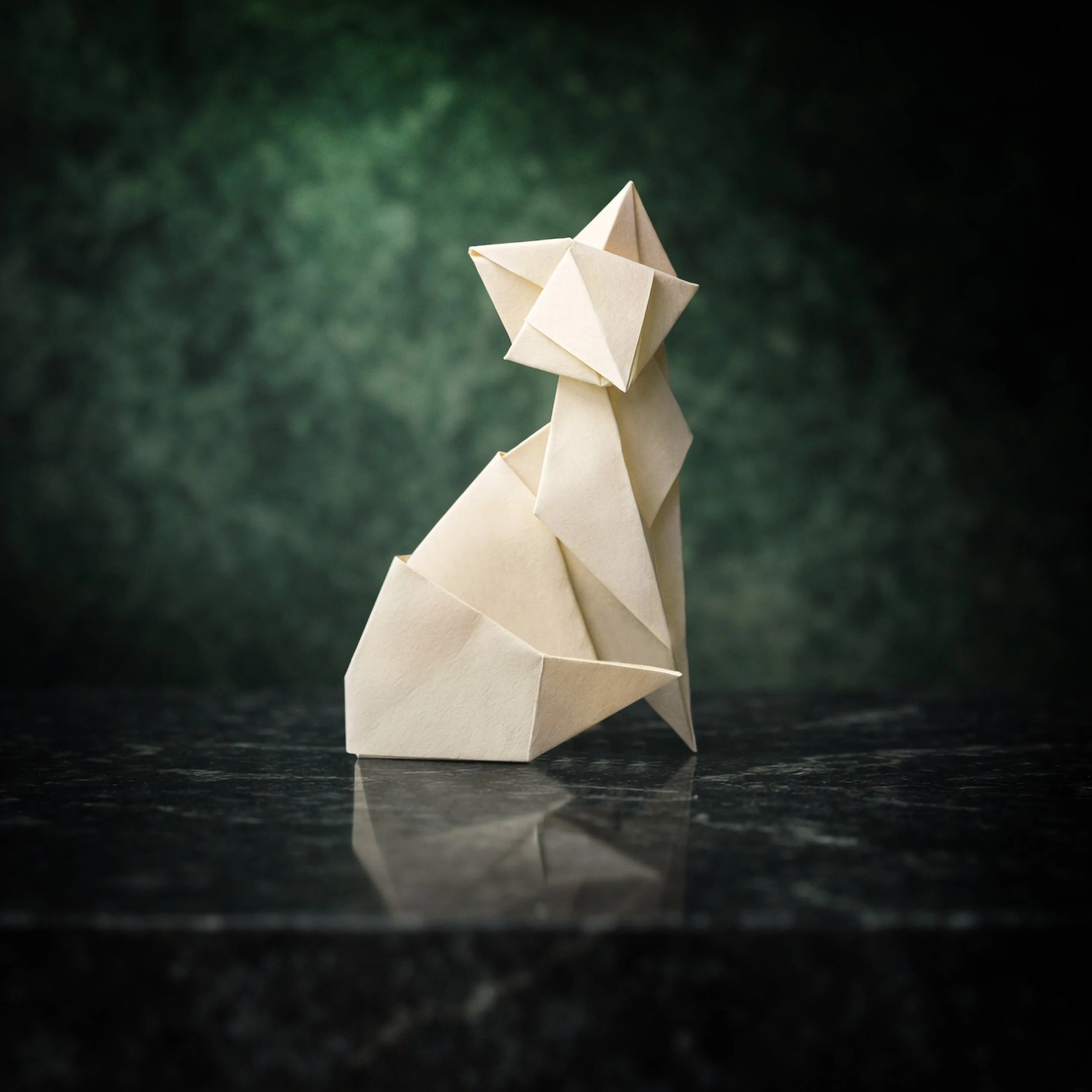 An origami sculpture resembling a cat with a star-shaped head, made from beige paper, placed on a dark reflective surface with a blurred green background.