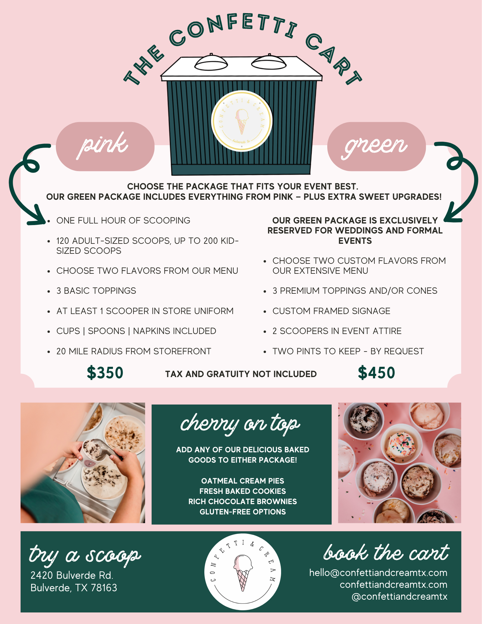 A promotional flyer for The Confetti Cart, an Ice Cream business. The flyer features a pink background with an illustration of a cart and text detailing packages and options for events, prices, and contact information.