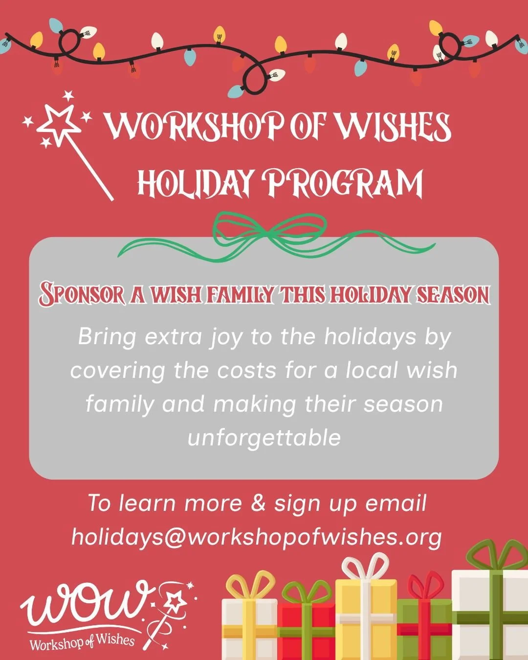 &lsquo;Tis the season to make wishes come true! 🎅💖
Help us spread some holiday magic by sponsoring one of our incredible wish families this year. Reach out to holidays@workshopofwishes.org to learn how! 🎄🎁✨