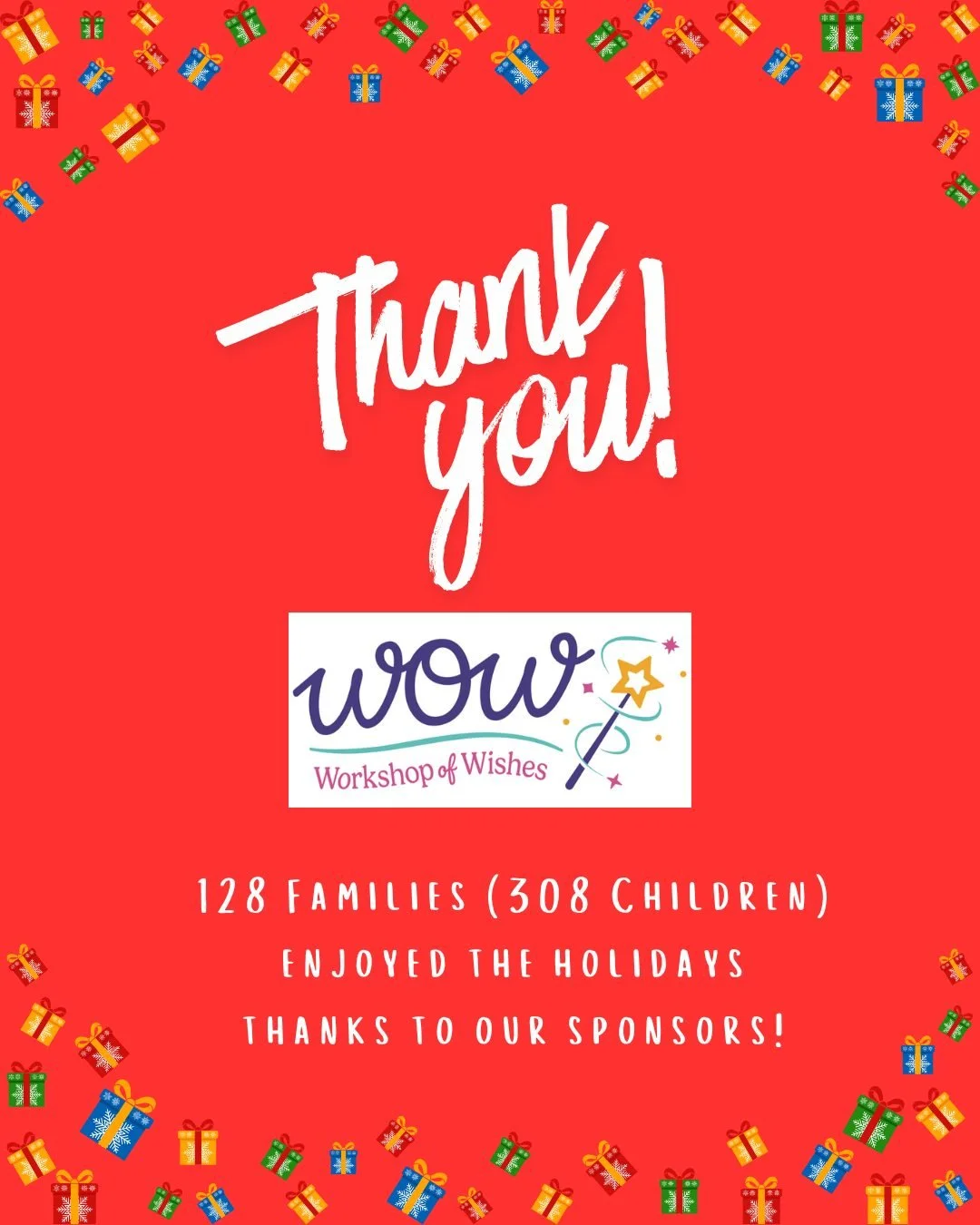 We are beyond grateful to all of our individual sponsors and businesses for providing presents to our wish families this holiday season. THANK YOU for bringing smiles to our wish families!

Sponsor program partners: @akronchildrens, @AriaSolutionsLLC