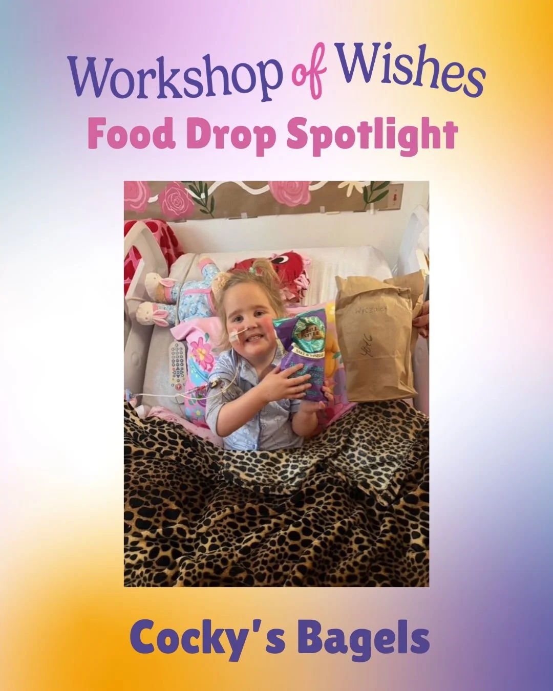 Food Drop Spotlight! 
⭐ Shout out to our Food Drop partner @cockysbagels!  They donate to our inpatient WOW families twice a month! 💜

Wish kiddo Brinley and her family got to enjoy Cocky's Bagels. 🥯🍴😋