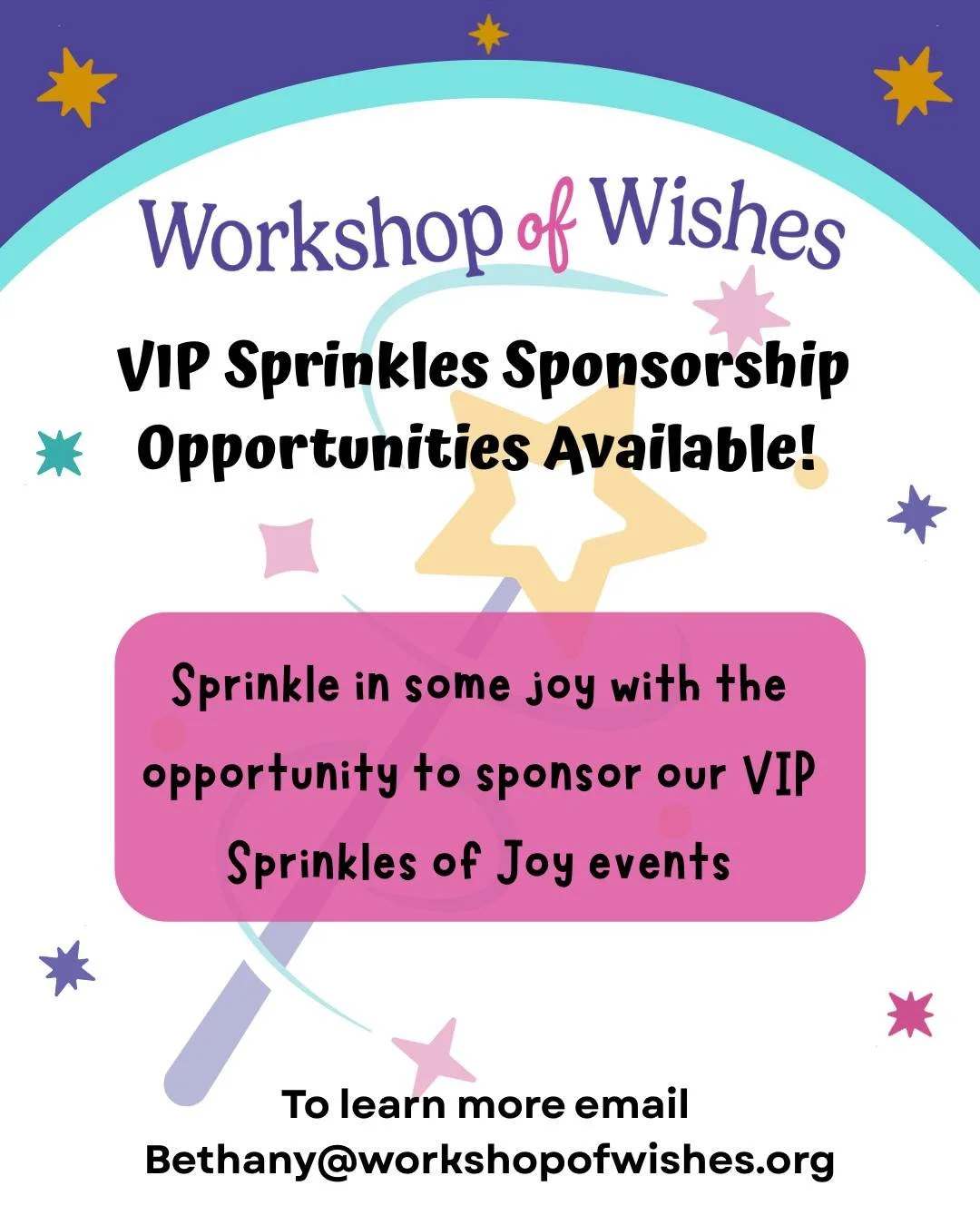 We are looking for VIP Sprinkles of Joy Sponsors! 💜

⭐ Sponsorships are a key part in ensuring we have the funding to build these immune-friendly experiences which allow the entire family to create positive, life-long memories. 

If you are interest