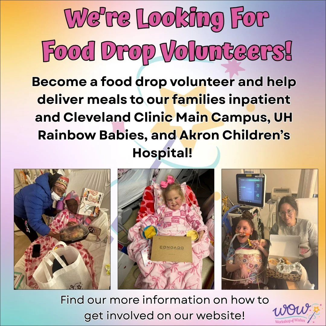We're looking for Food Drop volunteers! 💜 ✨

⭐ Thanks to our incredible volunteers and restaurant partners, our organization provides Food Drops several times a week to our inpatient wish kids receiving treatment at Cleveland Clinic Main Campus, UH 