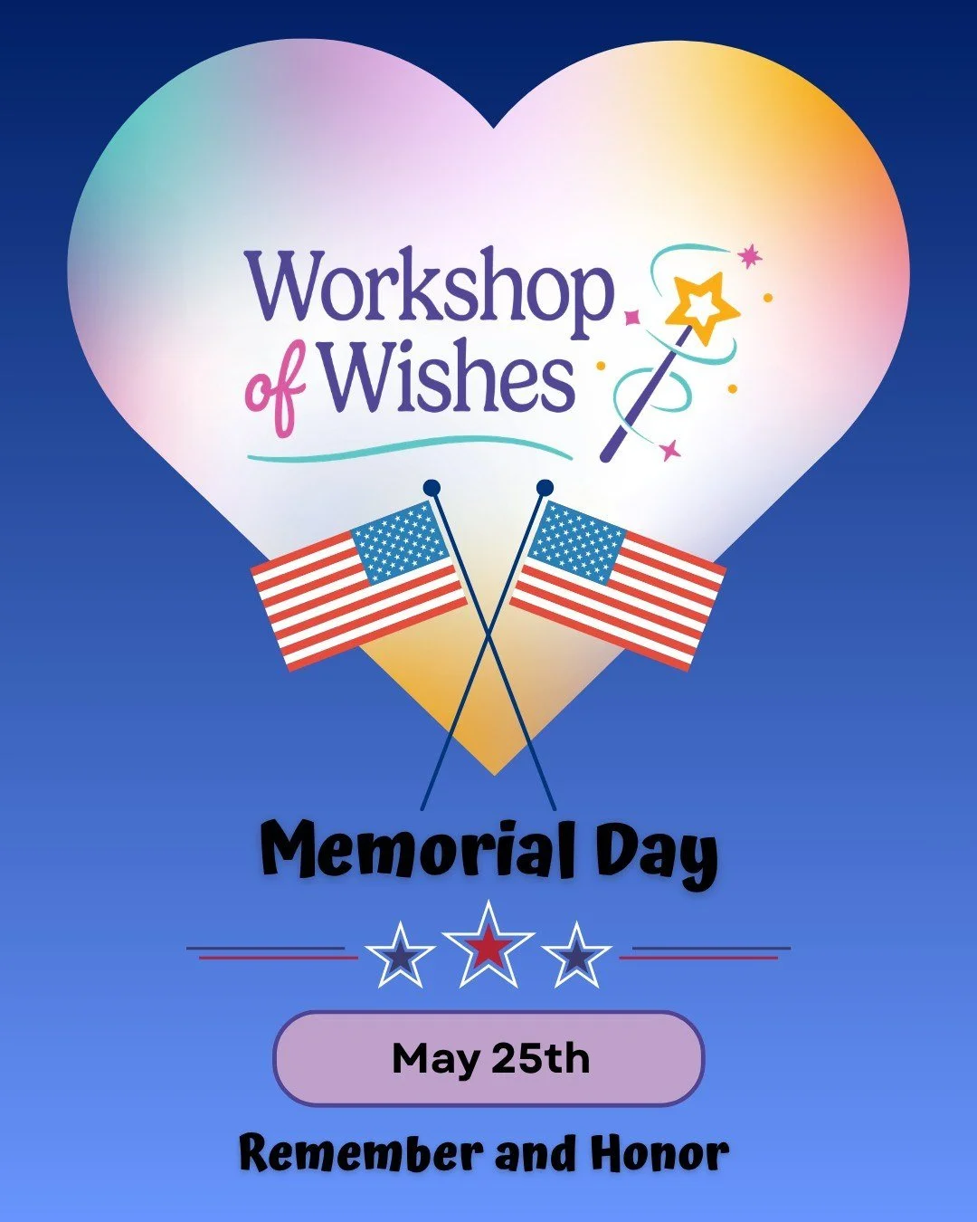 Today is Memorial Day 🇺🇸💜

Memorial Day is an opportunity to reflect and pay respect to the service and courage of those who served and sacrificed for our country.

Workshop of Wishes honors and remembers the brave individuals who served our commu