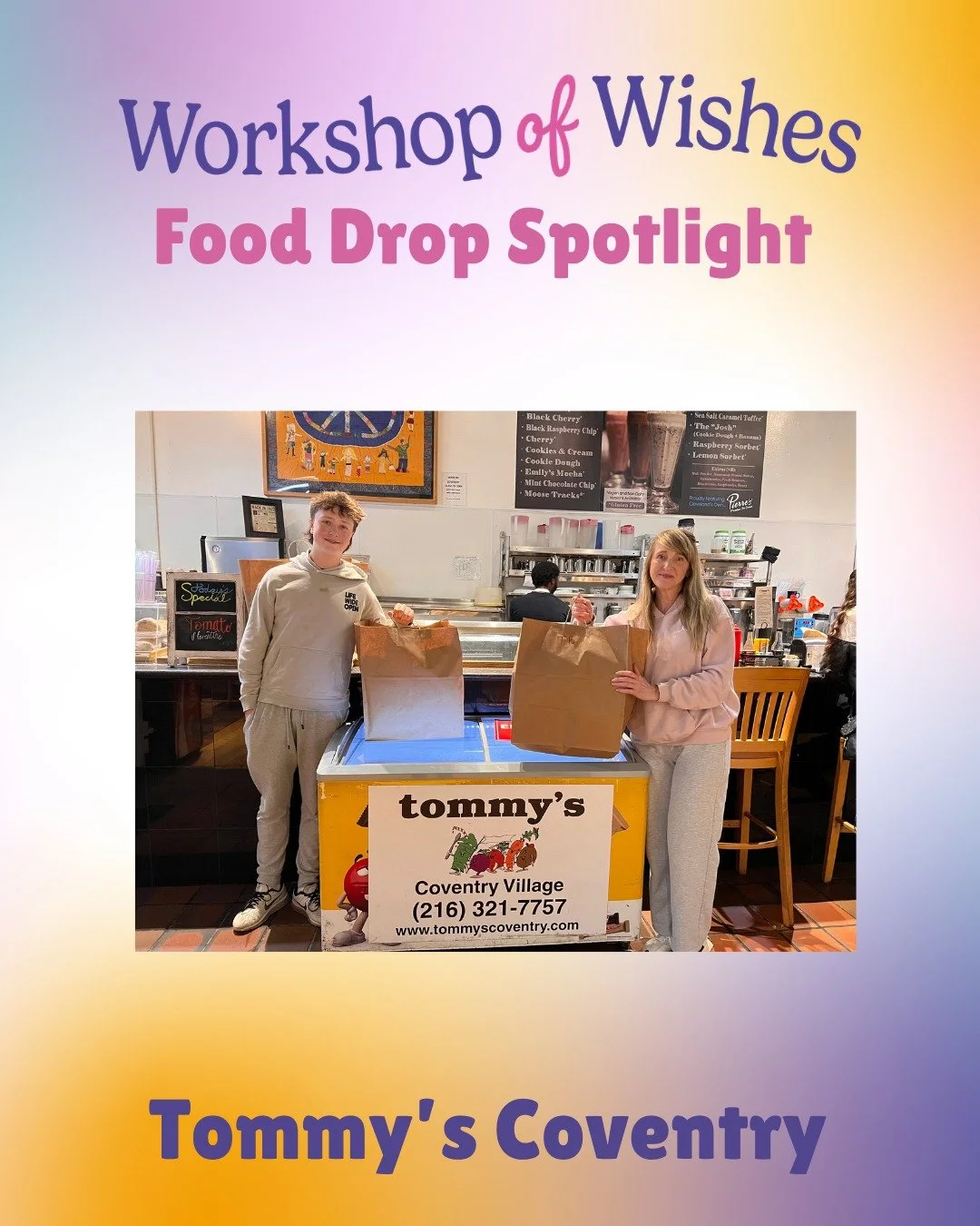 Food Drop Spotlight! ✨

⭐️ Shout out to Food Drop partner @tommyscoventry in Cleveland Heights!
They generously donate meals to our inpatient families every other month! 💫

Here is our food drop volunteer and Wish Mom Monica, with her son, Carter, p