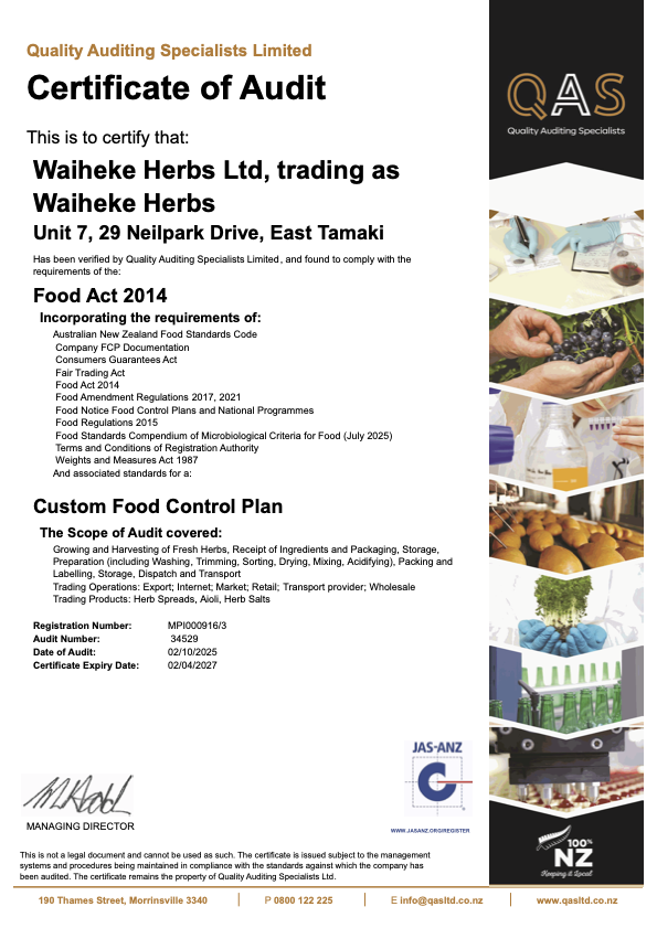 Food Safety Verification Certificate for Waiheke Herbs Limited, outlining compliance with food safety regulations for herb and olive oil spreads, herb salts, and aiolis. Verification date: 10 April 2024, valid to 30 November 2025. Issued by Assured Audits.