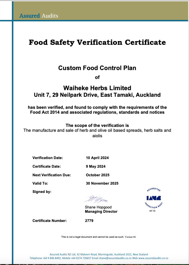 Food Safety Verification Certificate for Waiheke Herbs Limited, outlining compliance with food safety regulations for herb and olive oil spreads, herb salts, and aiolis. Verification date: 10 April 2024, valid to 30 November 2025. Issued by Assured Audits.