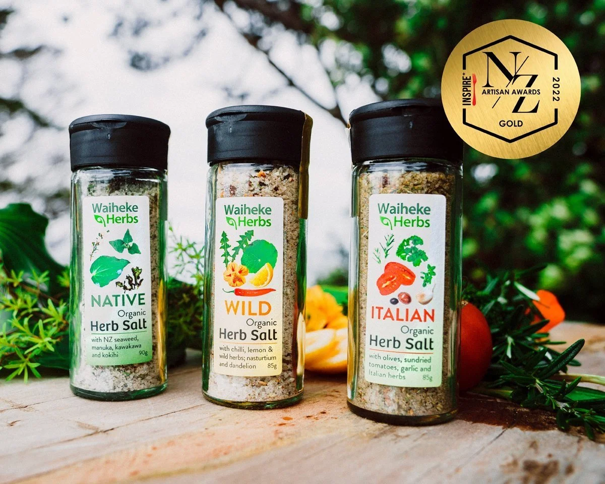 Our salt of gold medal Artisan Awards winning Organic Herb Salts, Native (Manuka, Kawakawa, Kokihi, NZ seaweed), Italian (Italian herbs, sun-dried tomatoes, olives, garlic) and Wild (Dandelion, Nasturtium, Chilli and Lemon)