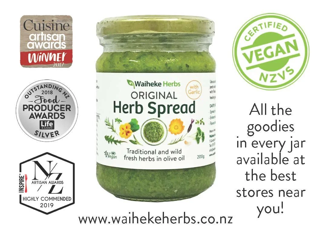 Waiheke Herbs Original Herb Spread jar multiple awards including Cuisine Artisan Awards 2017 winner, NZ Food Producer Awards 2018 silver winner, and NZ Artisan Awards 2019 highly commended. Marked as Certified Vegan. Website: www.waihekeherbs.co.nz