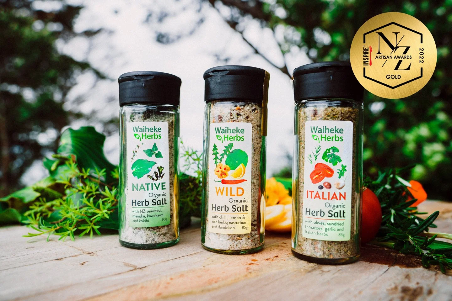 Our complete set of 2022 Gold Medal Artisan Award winning Waiheke Herbs Herb salts: Native, Wild, and Italian.