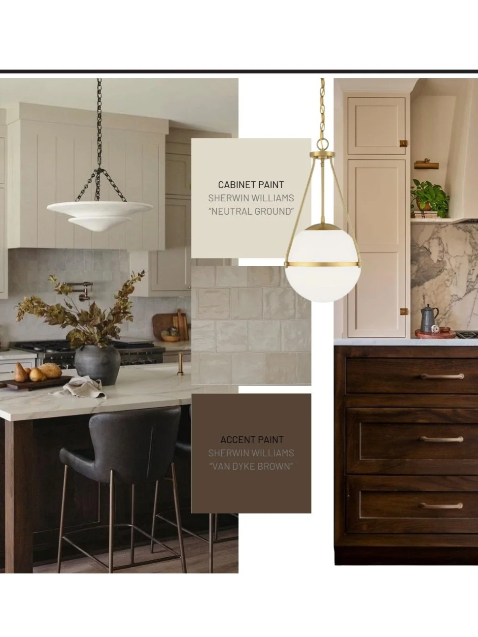 Interior kitchen design board showing cabinet paint in 'Neutral Ground' and accent paint in 'Van Dyke Brown' with various cabinets, countertops, pendant lights, and decor.