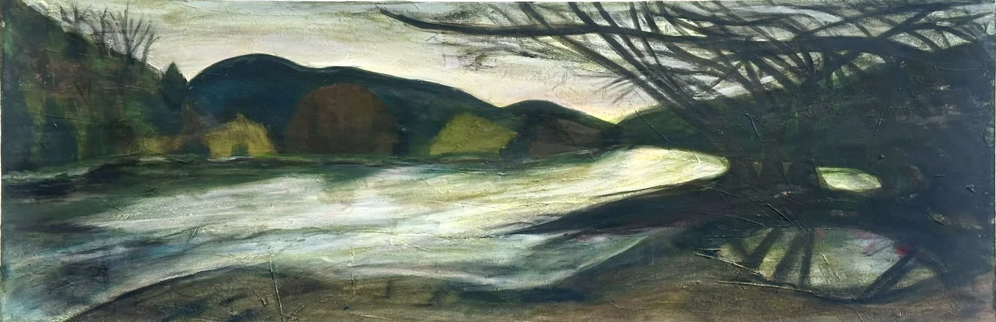 Janette	Doyle - "Peace in the Valley" - mix Medium, acyclic paint, pastel, charcoal, ink - 41cm x 122cm - $450