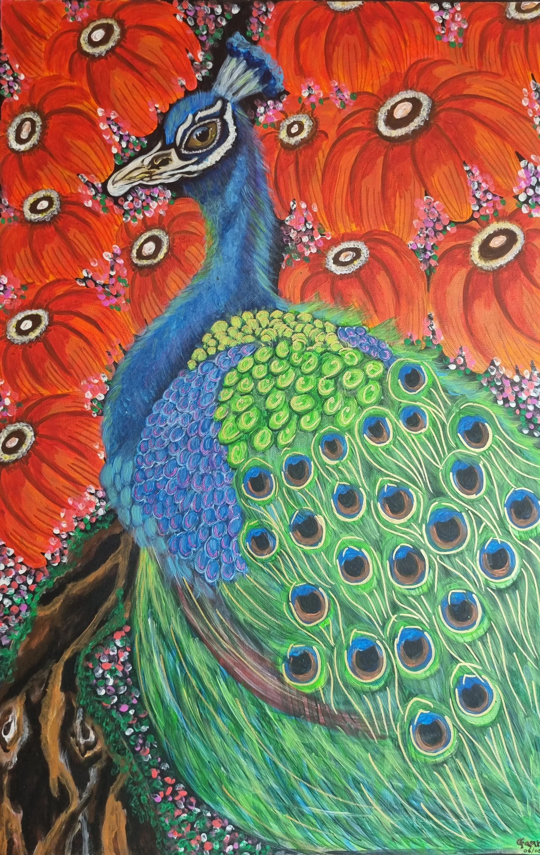Gauri Shirsekar - "Peacock in flowers" - acrylic on canvas  - 76x51 - $870